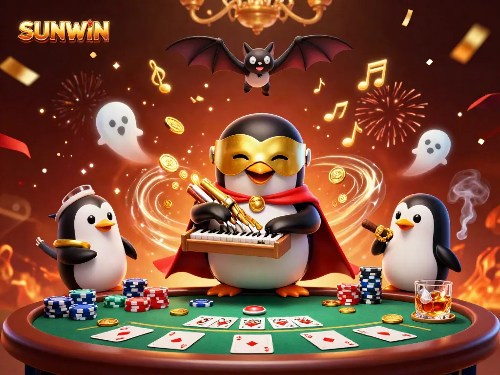 The SUNWIN platform showcases a dynamic 3D scene with a cartoon penguin playing music, surrounded by poker elements and celebratory effects.