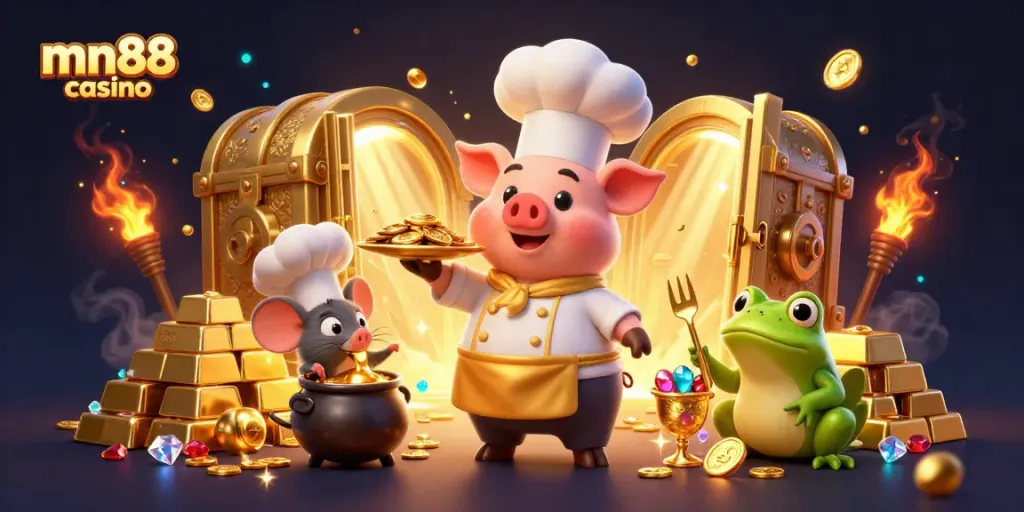Experience excitement with mn88 casino, featuring a gourmet pig chef in a treasure-filled scene.