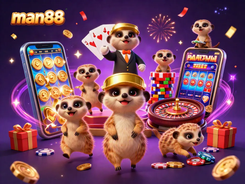 Experience the thrilling casino atmosphere of man88 with playful meerkats in a colorful game scene.