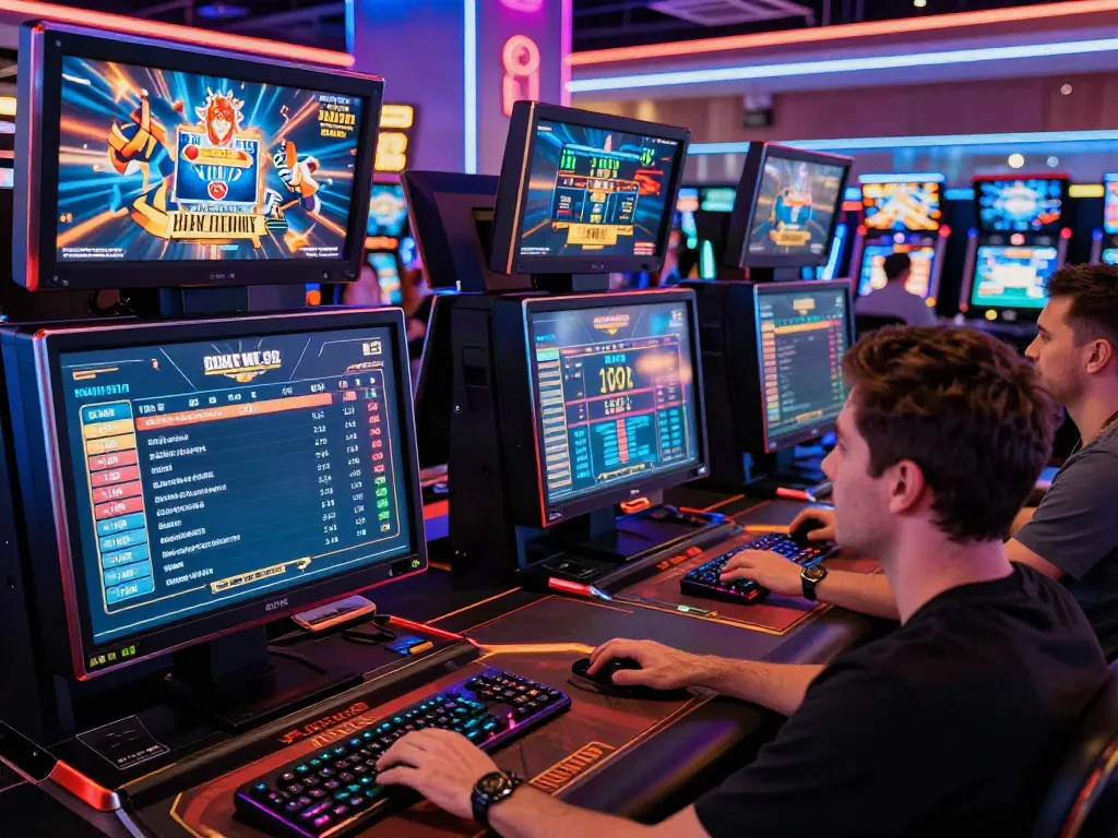 Exciting casino gaming room atmosphere highlighting luxury111 login with players engaged in online games.