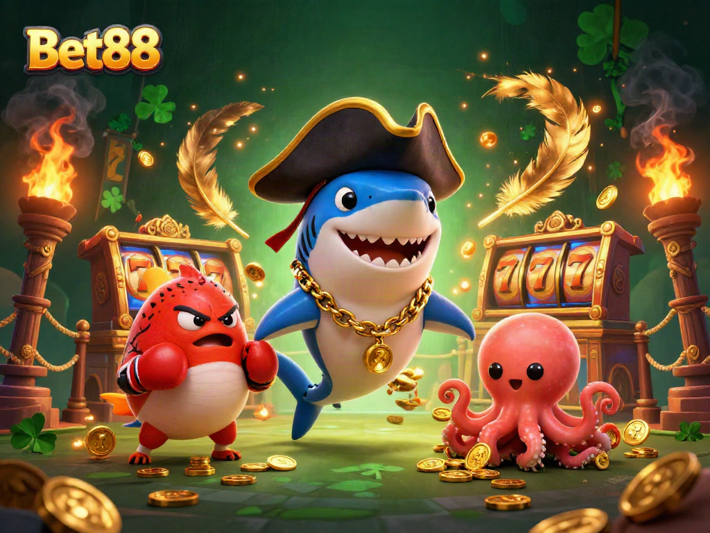 Bet88 players enjoy thrilling slot adventures with cartoon characters, gold coins, and vibrant casino elements.