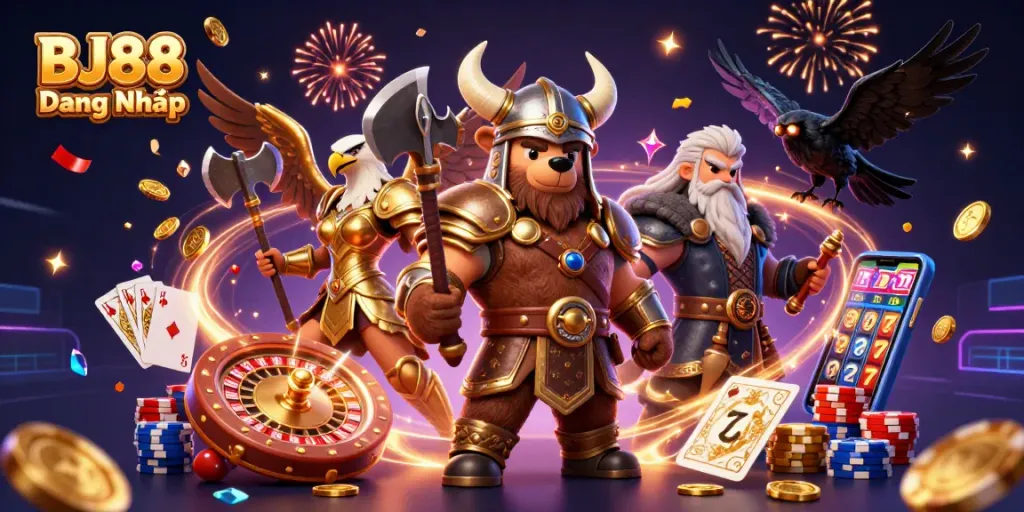 Experience thrilling action in BJ88 Đăng Nhập with 3D characters, spinning roulette, and sparkling elements.