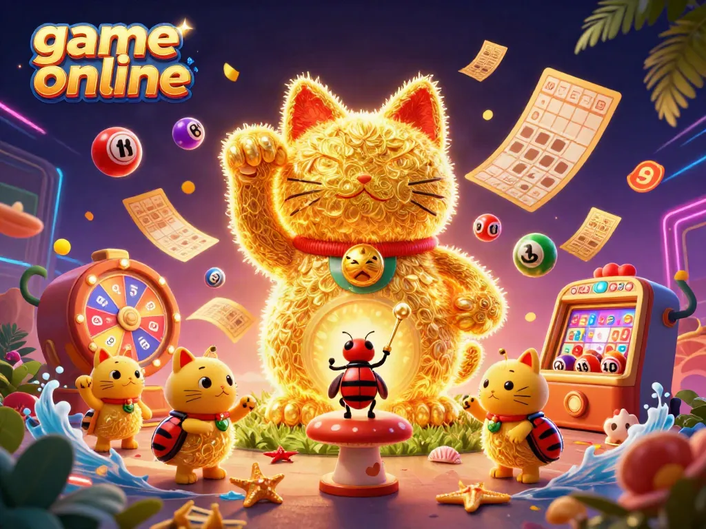 Experience the excitement of game online with a lucky cat and vibrant casino elements.