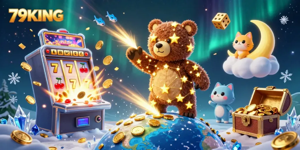 Scoop up coins in an exciting casino scene featuring the 79KING constellation bear and slot machine jackpots.