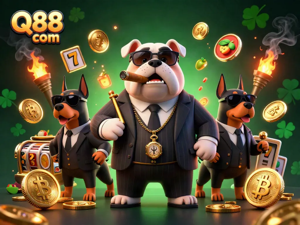 Experience thrilling gaming with Q88 com's elite mafia characters, surrounded by vibrant casino symbols.