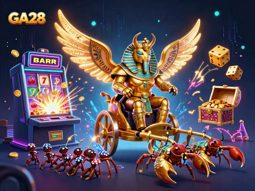 Experience thrilling gameplay at GA28 with a dynamic scene of a golden scarab beetle and vibrant casino elements.