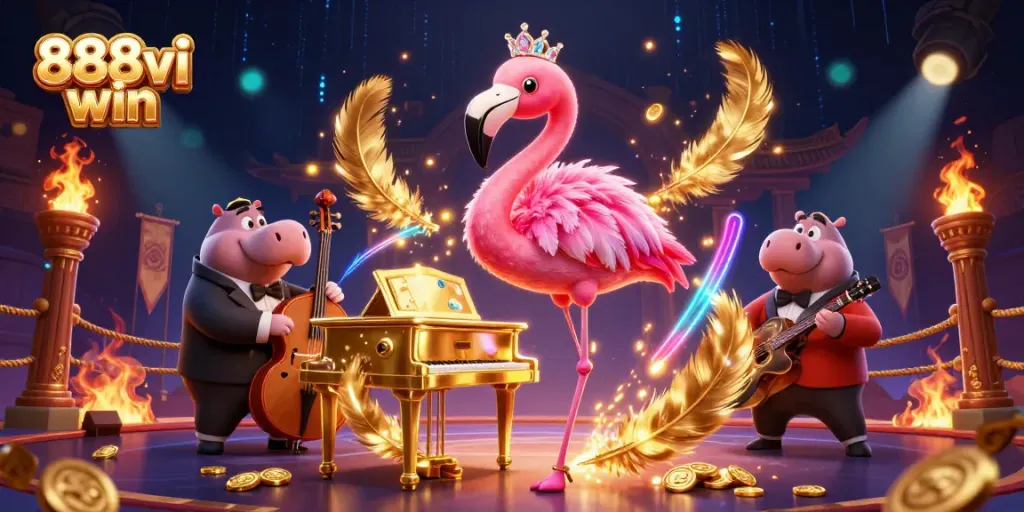 Catch the thrill with 888vi win in this vibrant casino scene featuring lively characters and golden tokens.