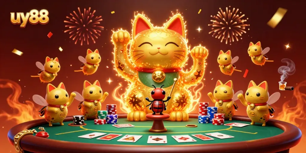 Experience the excitement of uy88 with a vibrant lucky cat and engaging casino elements in a dynamic 3D scene.