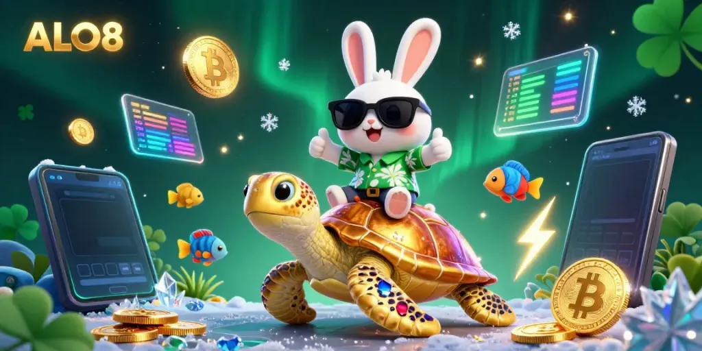 ALO8 brings luck with a cartoon rabbit and golden turtle in a vibrant casino scene.