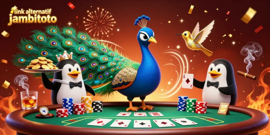 Engage in a colorful and vibrant scene showcasing link alternatif jambitoto with a gambling-themed 3D illustration featuring characters and game elements.