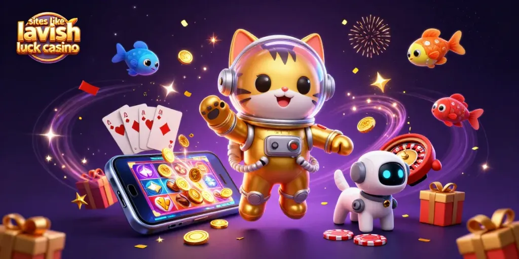 Play exciting games like Lavish Luck Casino with this vibrant illustration showcasing slots and rewards.