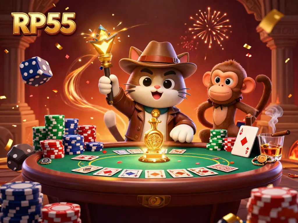Engage with RP55 as a cat archaeologist discovers a golden casino artifact in a vibrant temple.