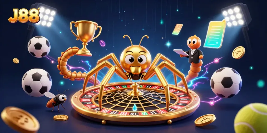J88 fly nervously places bets as a golden spider spins a roulette web in a vibrant casino scene