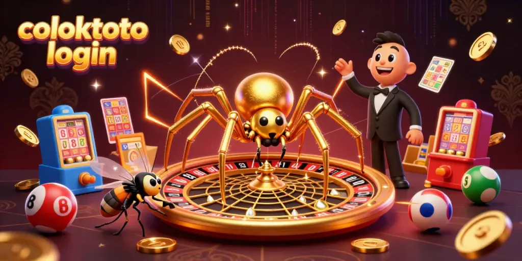 Engaging scene showcasing coloktoto login with a cartoon spider and lottery elements amidst vibrant colors.