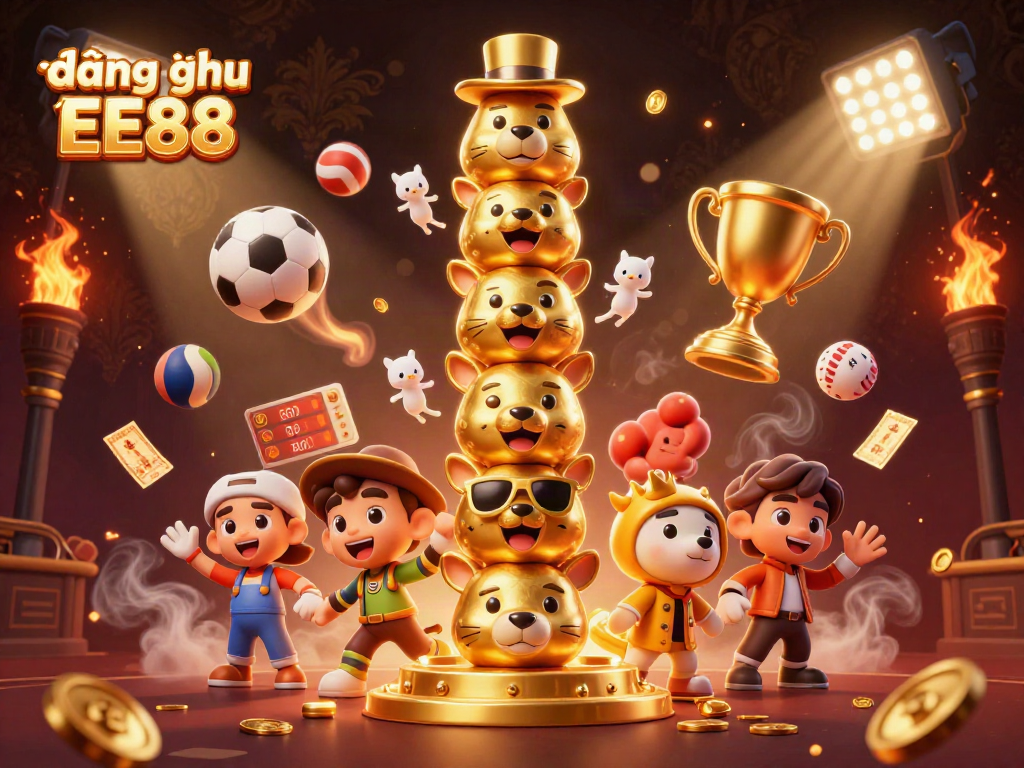 Engage in đăng nhập EE88 with vibrant 3D casino elements and animated totem characters.