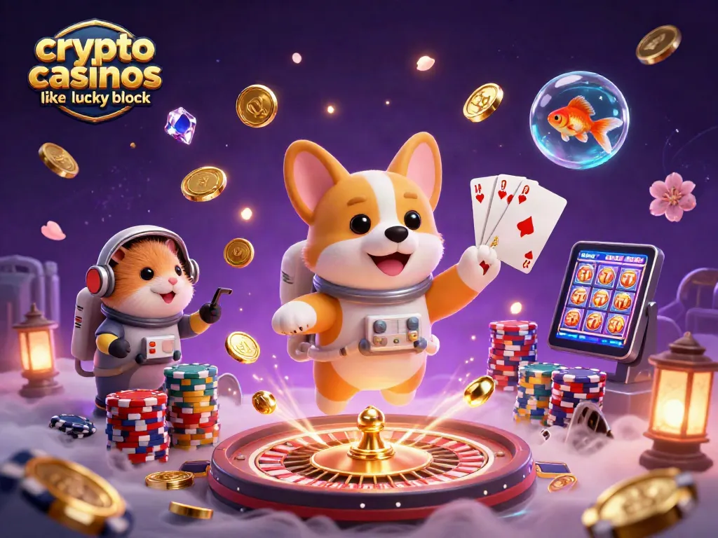 Experience crypto casinos like Lucky Block with a 3D cartoon scene featuring floating characters and vibrant casino elements.