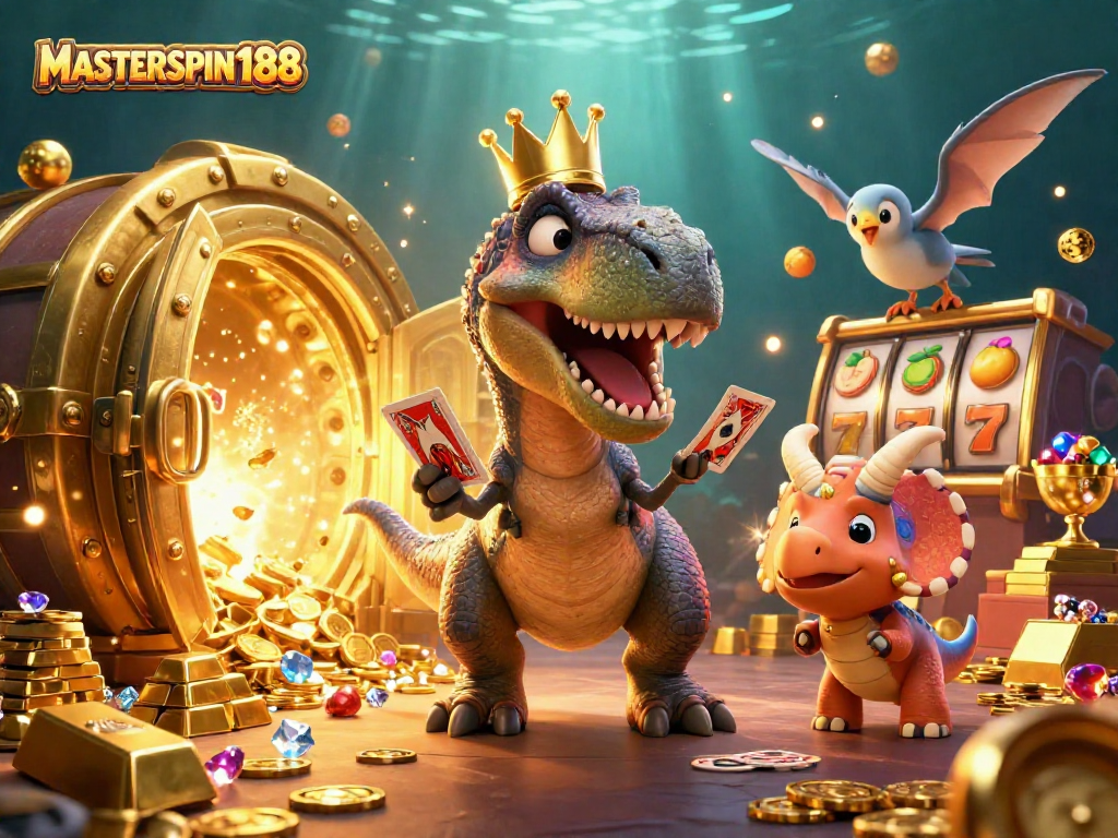 Join the fun at MASTERSPIN188 as T-Rex shuffles cards surrounded by vibrant casino elements.