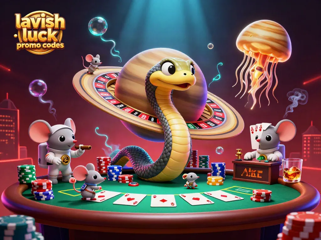 Engage with Lavish Luck promo codes while betting on a cosmic roulette wheel in an animated scene.