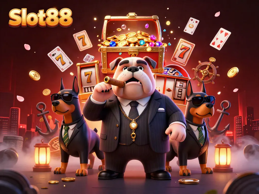 Experience the excitement of Slot88 with animated jackpot reels and a mafia-themed backdrop.