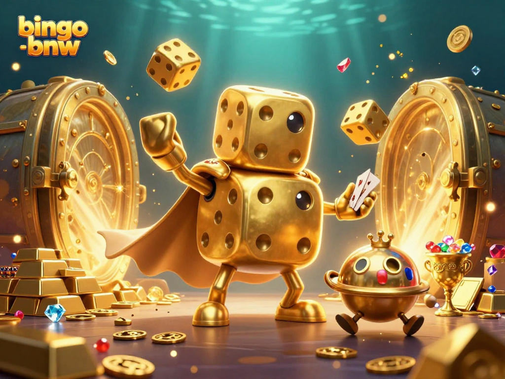 Win big in bingo-bnw with a vibrant scene of dice and treasures surrounding the playful characters.