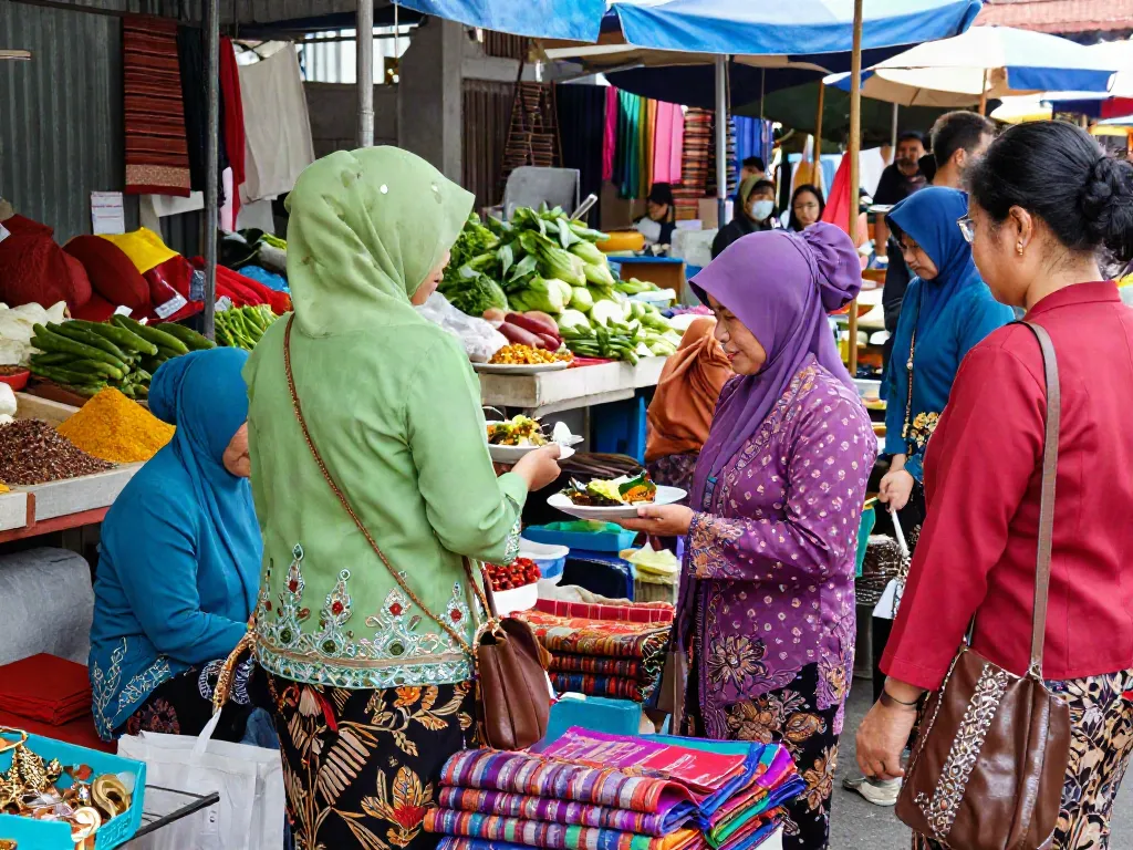 Nyonya4D market scene with people in traditional attire exploring cultural dishes and textiles.