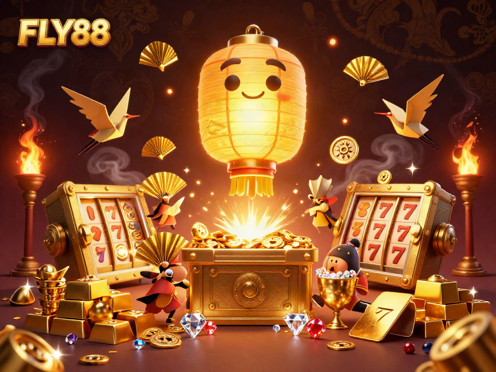 Experience FLY88's vibrant 3D casino ambiance featuring golden lanterns, slot reels, and treasures.
