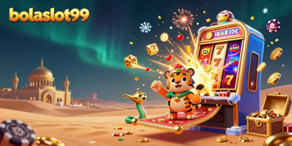 Spin slots with the vibrant bolaslot99 scene, featuring a cartoon sultan and jackpot excitement.