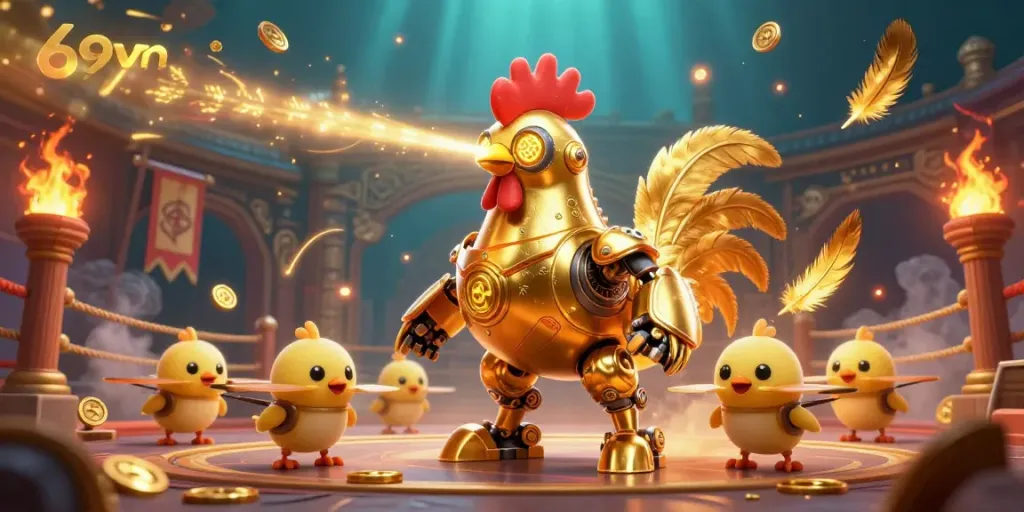 Experience the vibrant 69vn casino atmosphere with the golden rooster robot and baby chicks amidst a dramatic backdrop.