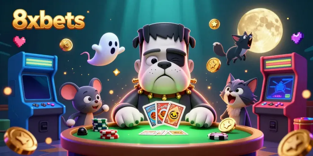 Engage with the vibrant 8xbets casino scene as characters deal cards in a dynamic atmosphere.