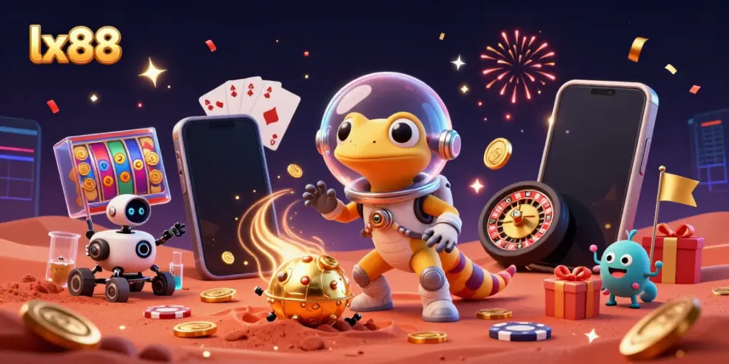 Experience the excitement of lx88 with a Martian gecko uncovering a golden casino amidst dazzling casino elements.