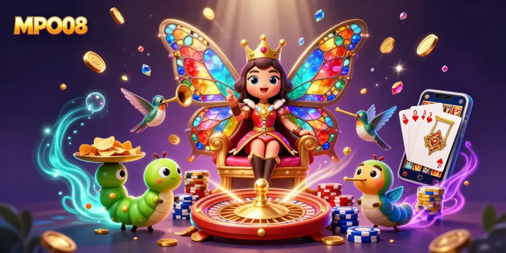 Engage in the world of MPO08 with a vibrant casino scene featuring a butterfly queen amidst sparkling treasures.