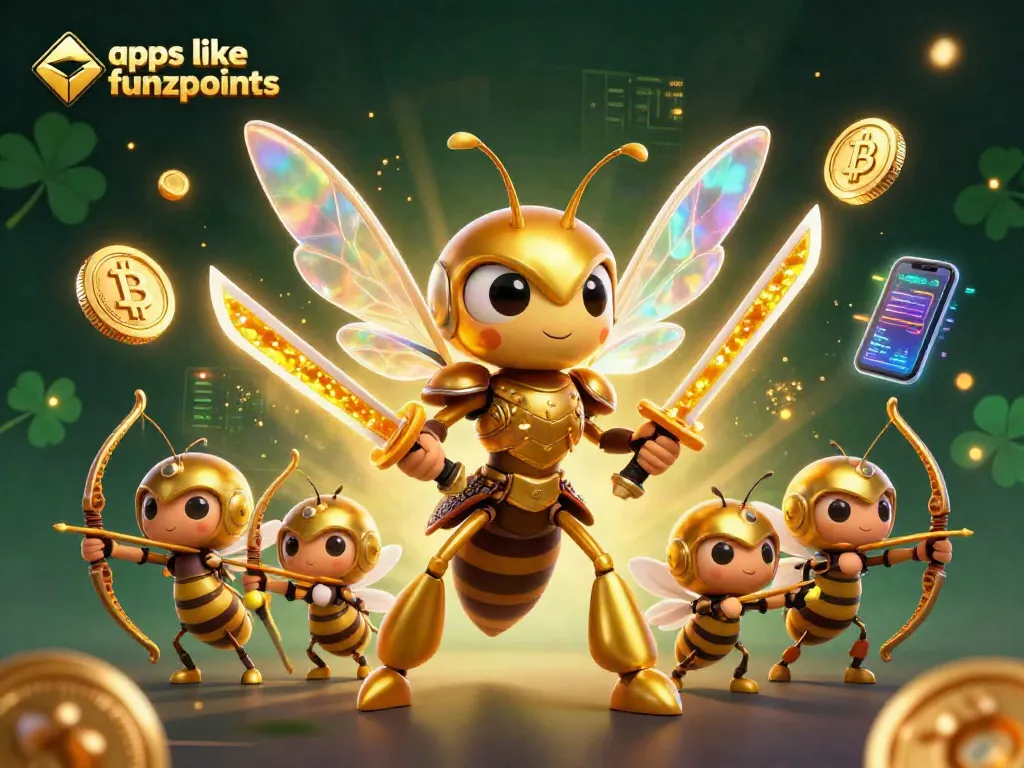 Engage with apps like funzpoints featuring a cartoon hornet and golden bee archers in a vibrant casino-themed illustration.