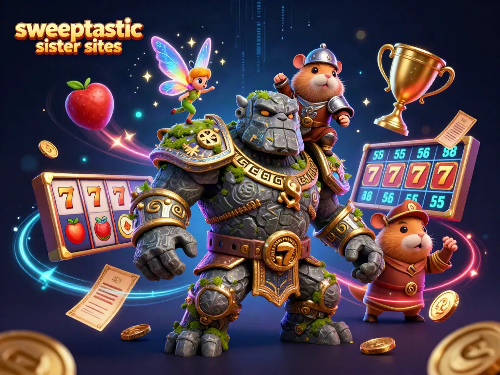 Sweepstakes action with the golem guardian and hamster knight representing sweeptastic sister sites