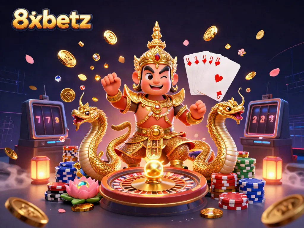 Win big with 8xbetz and enjoy a vibrant 3D casino experience filled with golden coins and dazzling elements.