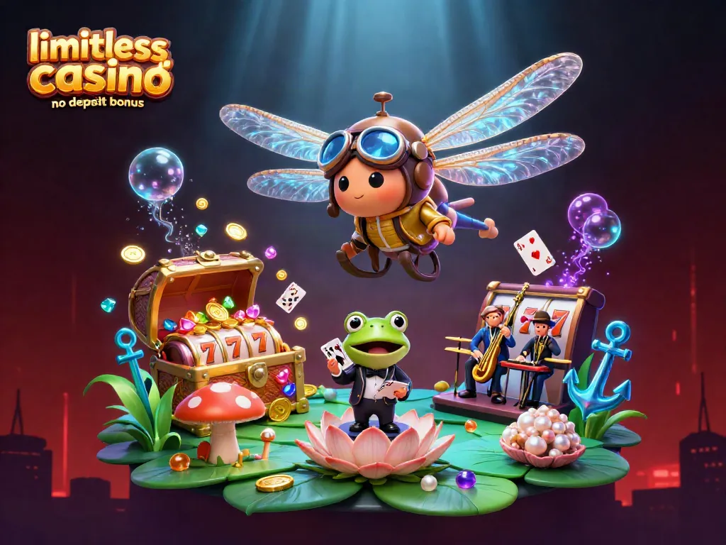 Win with limitless casino no deposit bonus while a dragonfly pilot hovers over a lily pad casino.