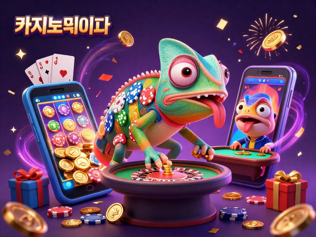 카지노사이트에서 황금 동전을 잡는 화려한 카멜레온 카지노 주인 모습