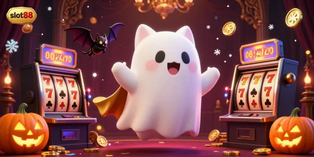 Menangkan slot88 dengan kucing hantu dan kelelawar dalam ilustrasi dari kasino misterius.