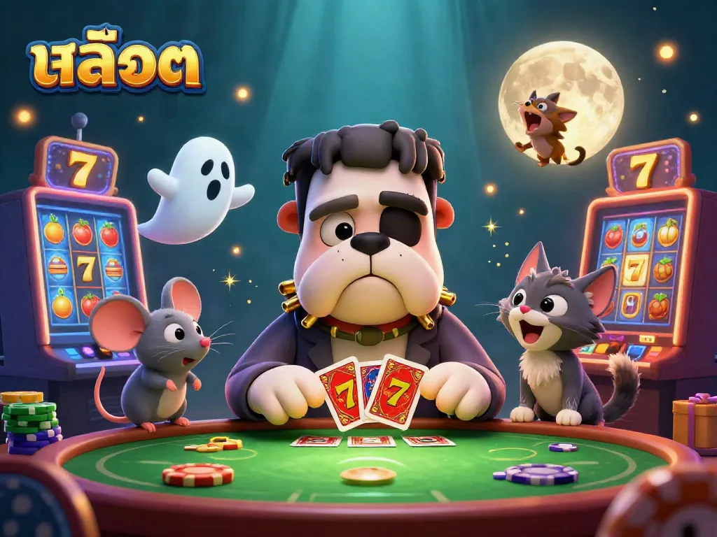 Enhance your สล็อต experience with a dynamic 3D cartoon scene featuring unique characters and casino elements.