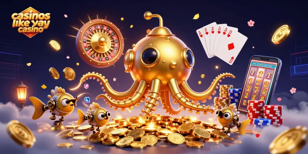 Experience the thrill of casinos like yay casino with a dynamic gaming scene featuring a golden kraken and mechanical fish.