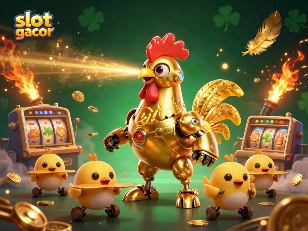 Experience thrilling action with the slot gacor as golden rooster robot and drones create casino magic.