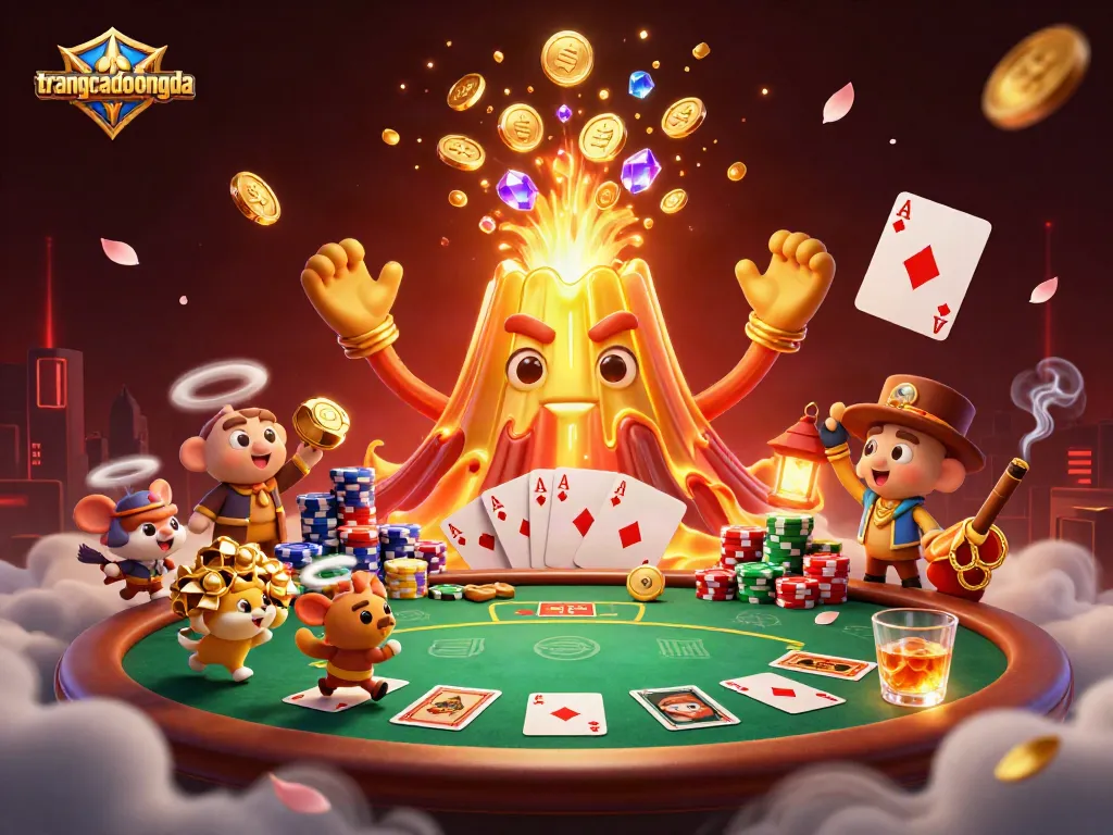 Experience the excitement of trangcadobongda as the golden volcano erupts with treasure amidst a thrilling poker scene.
