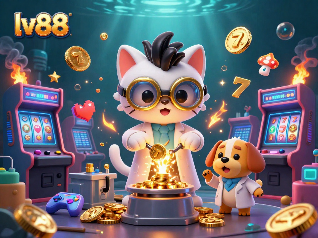 Engage in thrilling slots at lv88 with mad scientist cat creating gold coins in an immersive casino scene.