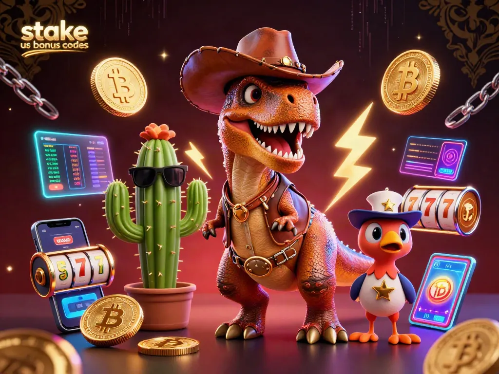 Engage with stake us bonus codes through an exciting 3D casino-themed illustration filled with vibrant characters.