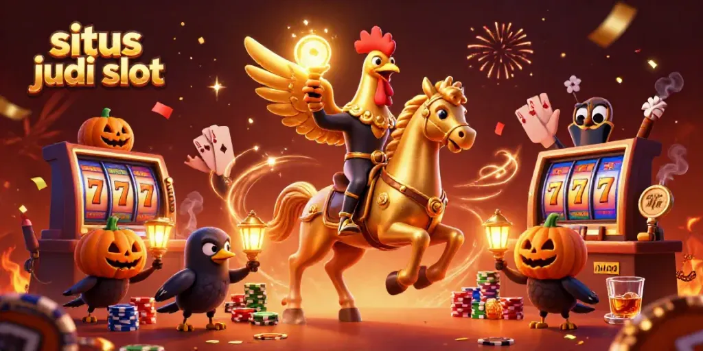 Ilustrasi 3D situs judi slot menampilkan ayam emas tanpa kepala dan teman burung gagak dengan lentera di kasino.