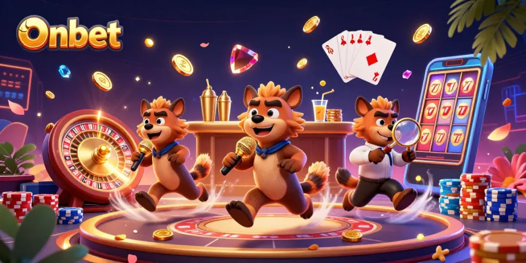 Onbet offers thrilling moments with hyena characters at a vibrant casino scene.