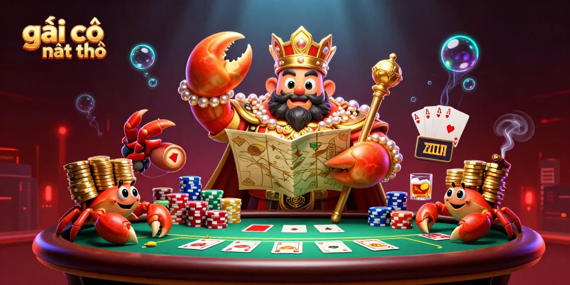 Gái gọi cần thơ showcases a vibrant 3D casino scene with a golden crab emperor leading a poker game.