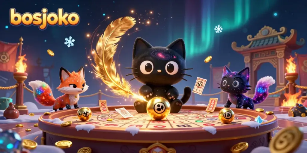 Bidding on lottery numbers with bosjoko’s engaging cosmic characters in a vibrant gaming scene.