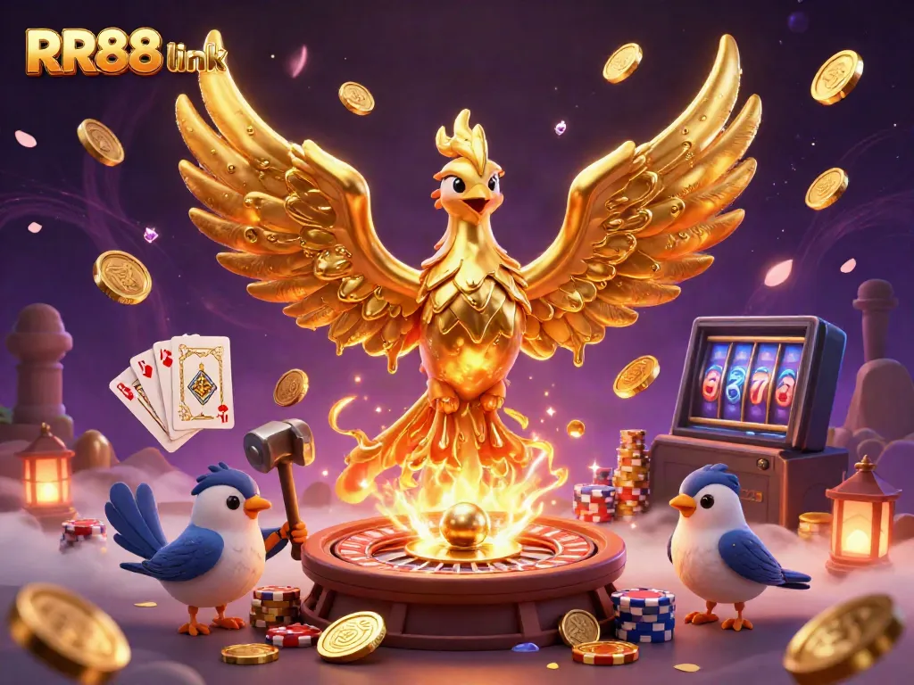 Experience the thrill of RR88 link with golden phoenix and casino games in a vibrant 3D scene.