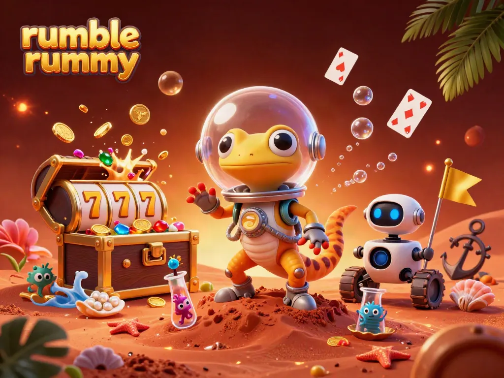 Win big with Rumble Rummy in this vibrant 3D Martian casino adventure scene.