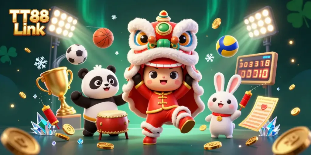 Experience exciting gaming with TT88 Link as a cartoon lion dance, panda, and rabbit celebrate.